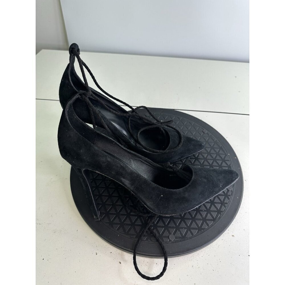 Joie Angelynn Black Suede Tassel Tie Ankle Strap Stiletto Heels Size 38 / 7.5 US